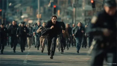 AI-generated video of a man sprinting through a narrow alley after knocking over a fruit stand, generated from a single image with HappyHorse 1.1.