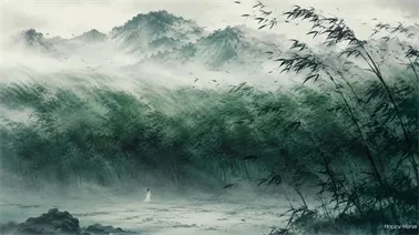 AI-generated ink-wash style video of a swordswoman battling an assassin in a windblown bamboo forest, created with HappyHorse 1.1 image-to-video.