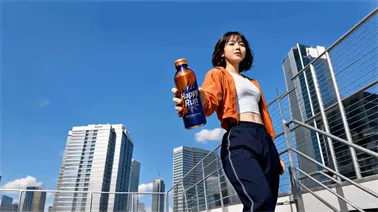 AI-generated Japanese-style soda commercial video of three friends enjoying a Happy Run Citrus drink on a city rooftop, generated from a storyboard with HappyHorse 1.1.