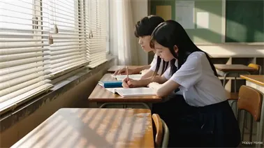 AI-generated video of two Japanese high school students sharing a quiet, tension-filled glance in a sunlit classroom, created with HappyHorse 1.1 text-to-video.