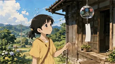 AI-generated anime-style video of a girl and a kitten discovering a wind chime on a sunny countryside porch, generated from a 9-panel storyboard with HappyHorse 1.1.